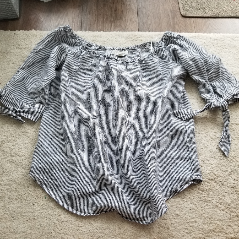 Pinstripe tie-sleeve off-shoulder linen top Artisan NY
